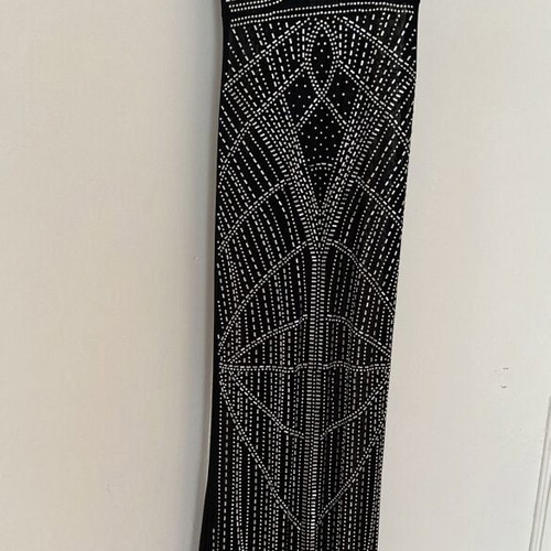 Maxi bodycon dress with straps and geometric strass designs, like new, black