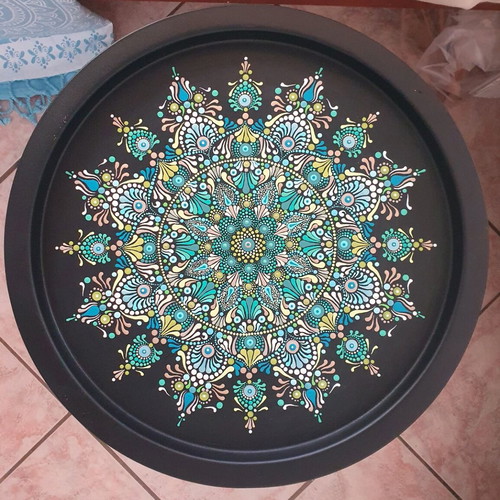 Handpainted Bohemian Style Round Table with Foldable Legs