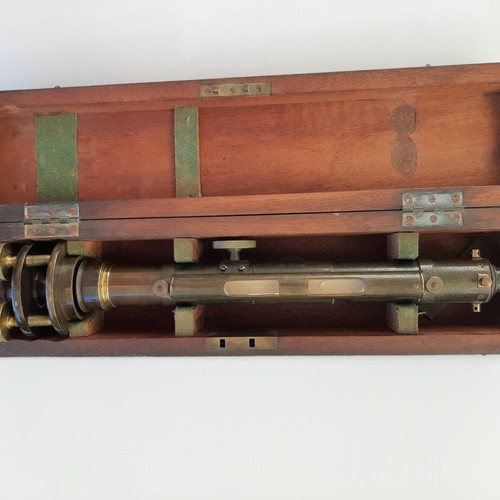 English antique theodolite used with authentic oak wood box