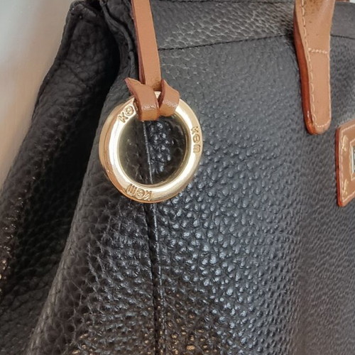 KEM women's shoulder bag used, black pebbled leather with brown handles