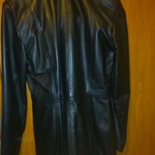 Long leather jacket used, black, genuine leather, vintage
