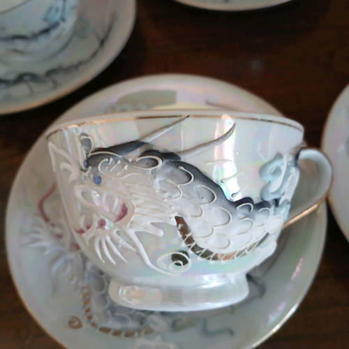 Vintage coffee-tea cups set of 5 with embossed dragon design, porcelain like new