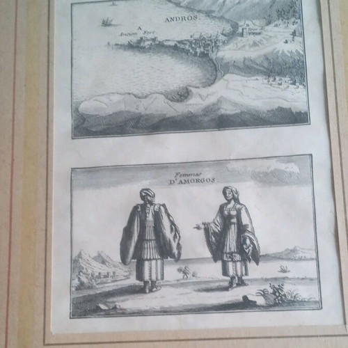 Engraving with Two Themes Femmes d'Amorgos and Old Port of Andros framed