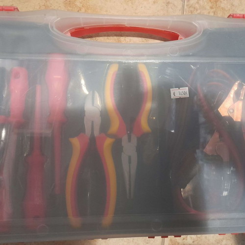 Electrician tool kit set new with screwdrivers, cutter, pliers, battery starter cables