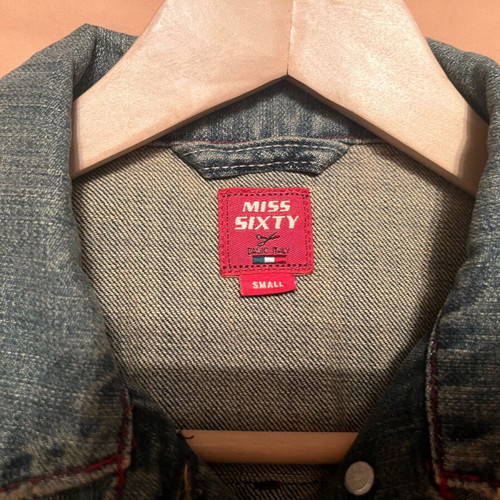Miss Sixty Denim Jacket Unique Short Cropped with Drawstring Sleeves Size Small Like New