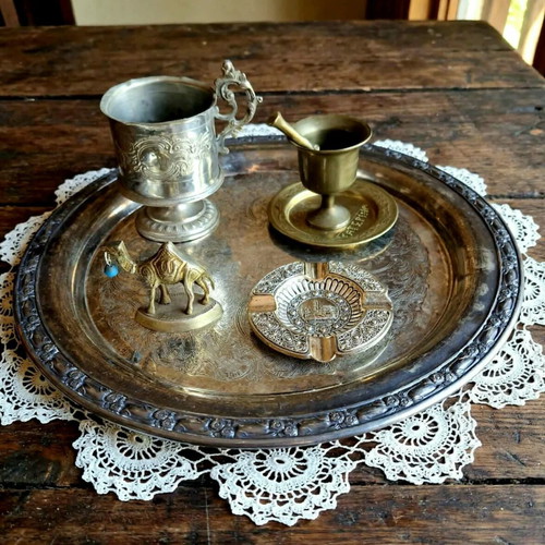 Vintage decoration set used, 5 pieces with Oneida silver-plated tray