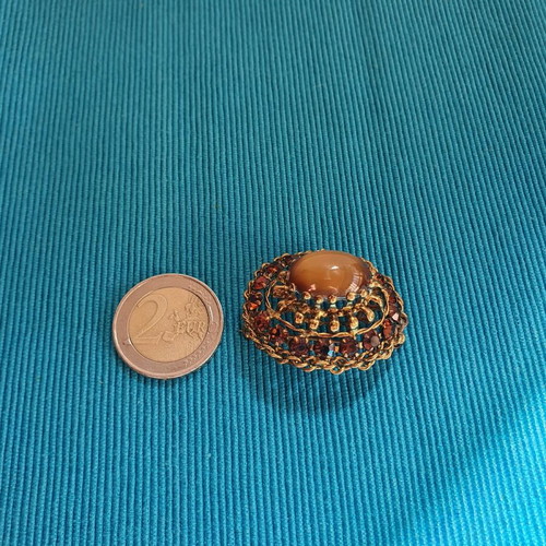Vintage brooch used, gold color with crystals and cabochon