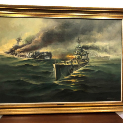 Fotis Kotsinas oil painting used, battle scene of German battleship Bismarck