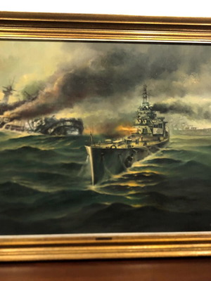 Fotis Kotsinas oil painting used, battle scene of German battleship Bismarck