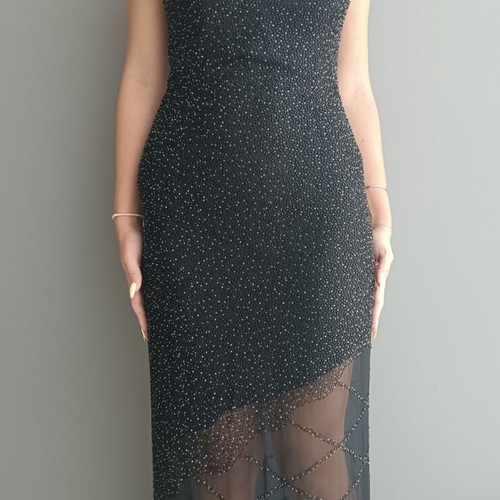 Luxury black silk maxi dress with handmade bead embroidery
