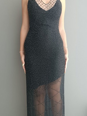 Luxury black silk maxi dress with handmade bead embroidery