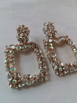 Large long earrings new with white and gold crystals