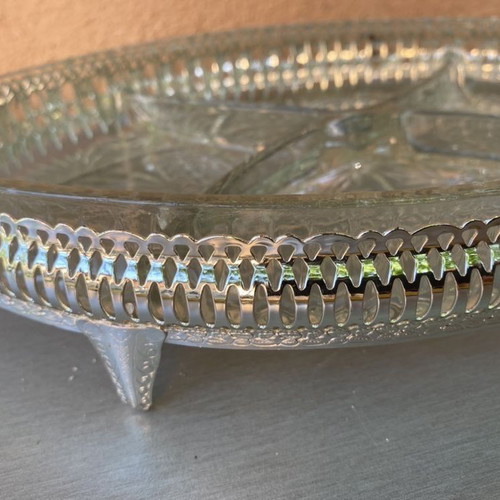 English serving tray for nuts and olives like new, crystal with silver frame