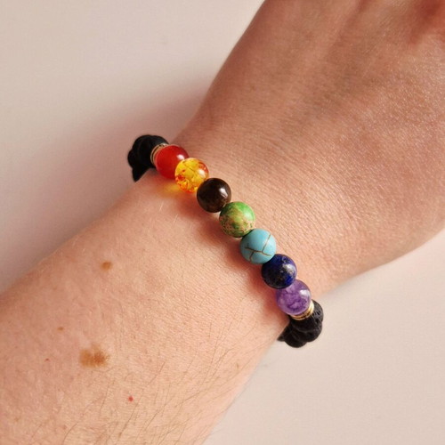 Elastic bracelet with lava beads and 7 chakra beads new