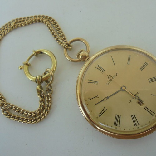 Dugena pocket watch quartz like new, gold color with chain