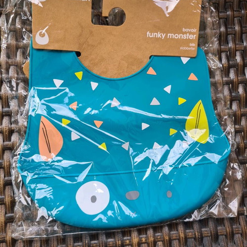Silicone bib with little monster design blue new
