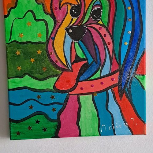 Painted canvas used with dog motif, 40x30 cm
