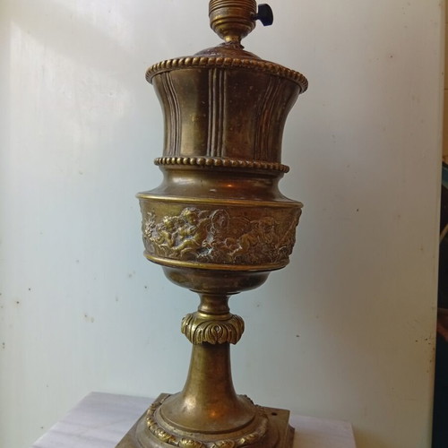 Brass table lamp with bronze bas-reliefs, 43.5 cm