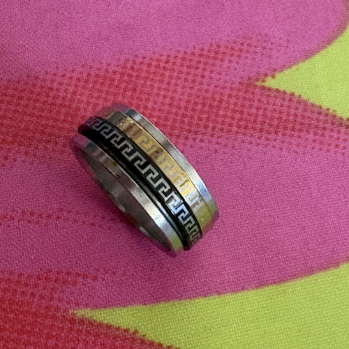 Spinning ring stainless steel with Greek key pattern, gold and silver