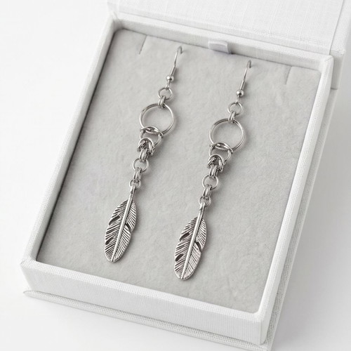 Byzantine Chain Leaf Earrings stainless steel new, silver color