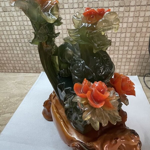Feng Shui Pixiu Sculpture like new with Peony Flowers and Happiness Inscription
