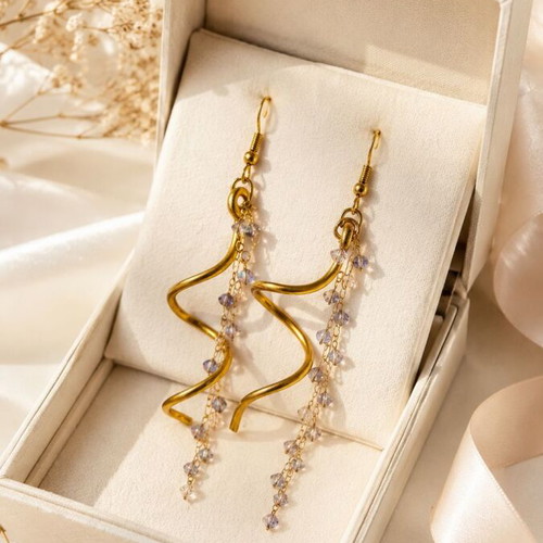 Handmade Golden Wave & Crystals Earrings new, multicolor