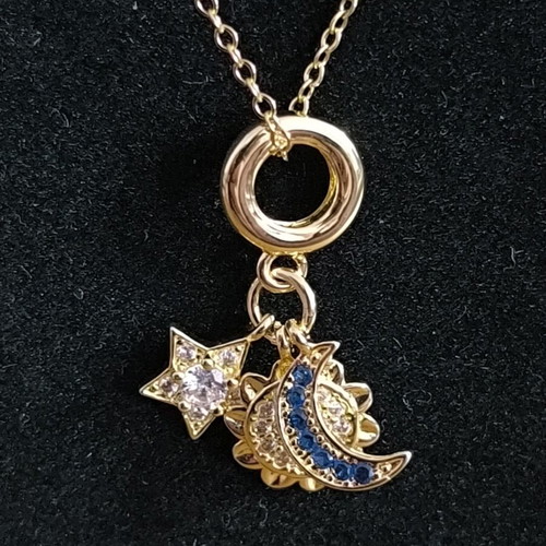 Necklace Sun Moon Star with Crystals new, gold tone