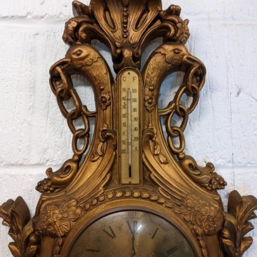 Wall clock Louis XVI style used, mid-20th century, with thermometer