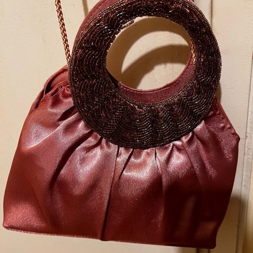 Vintage satin evening handbag new pink salmon with beads