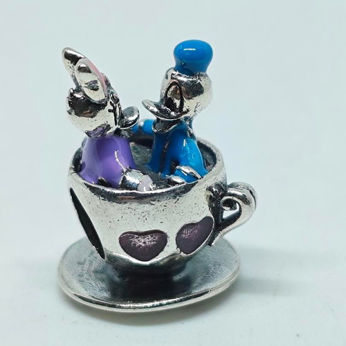 Disney Parks Silver Charm with Donald and Daisy in Tea Cup, like new