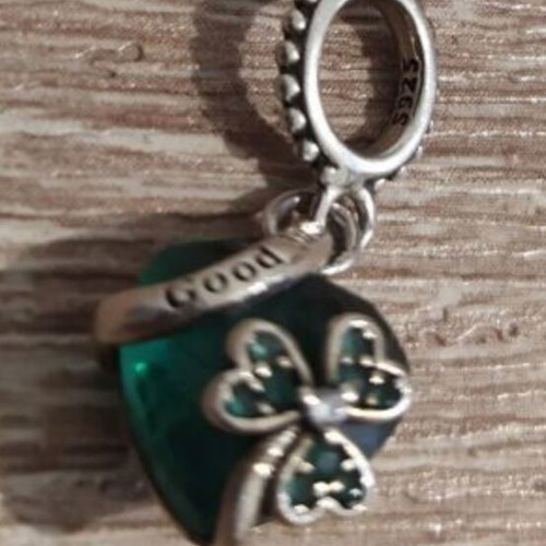 Pandora charm 925 silver with green zircon stone, good luck
