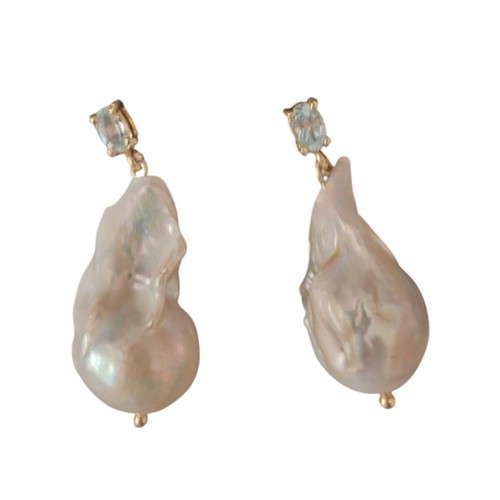 Earrings with baroque pearl and semiprecious stones, new, 3.8cm