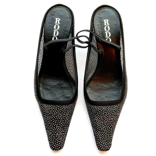 Rodo black satin slingbacks with iridescent crystals used