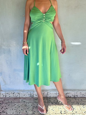 Πράσινο μίντι φόρεμα με halter, σούρες και cut-out