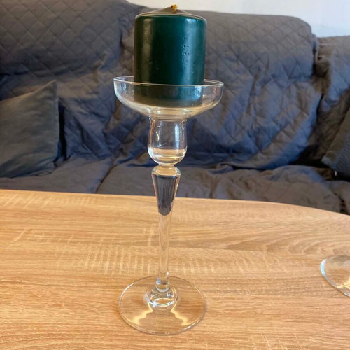 Glass decorative set like new, large bowl and 2 candle holders