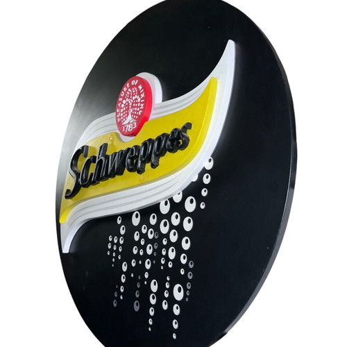 Schweppes wooden sign like new, black lacquer Ø72 cm