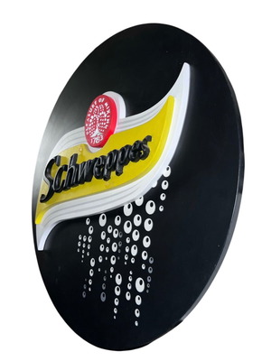 Schweppes wooden sign like new, black lacquer Ø72 cm