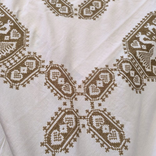 Vintage tablecloth cotton with embroidery and lace, champagne color