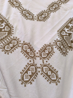 Vintage tablecloth cotton with embroidery and lace, champagne color