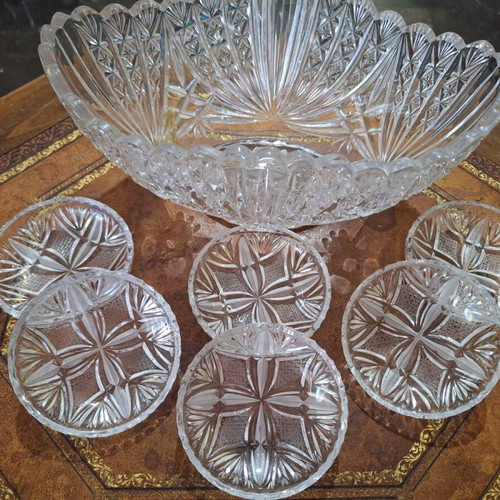 Crystal set with fondue bowl and 6 plates for spoon sweets like new, Russian origin