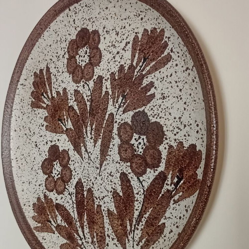 Large Vintage Textured Ceramic Wall Plate, Rustic Floral Design