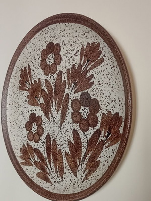 Large Vintage Textured Ceramic Wall Plate, Rustic Floral Design