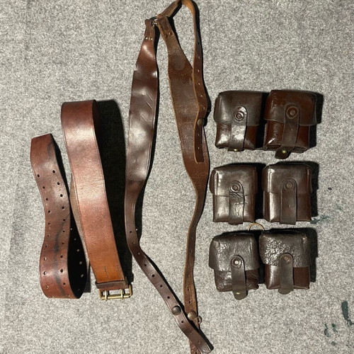 Greek Army Soldier Equipment 1917-1941 Used Y Strap Belt and 3 Manlicher Pouches