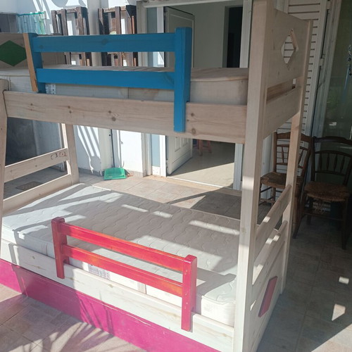 Triple bunk bed for children and teens, pine wood, white and neutral colors