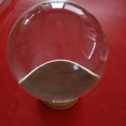 Crystal sphere with wooden base like new, 11cm diameter