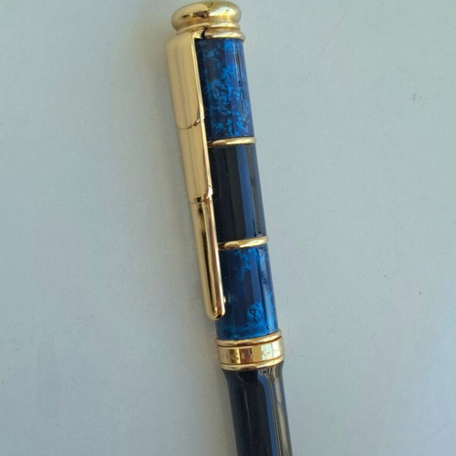Balenciaga vintage luxury ballpoint pen, black gold and blue marble