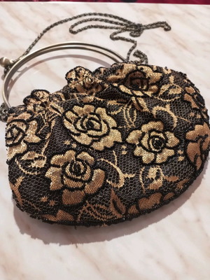Gold and black bag with embroidered black beads and gold chain new