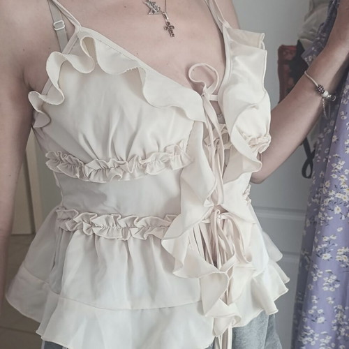 Blouse with cords and ruffles beige, like new, size S