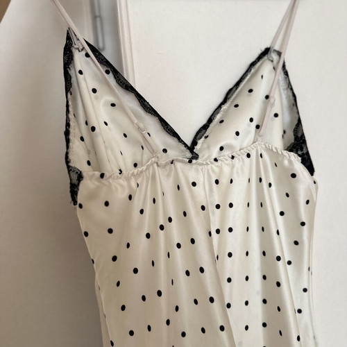 White satin maxi polka dot dress with black lace details, like new