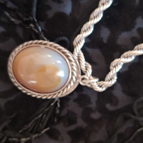 Vintage 925 Silver Set: Long 80cm Rope Chain & Agate/Onyx Pendant